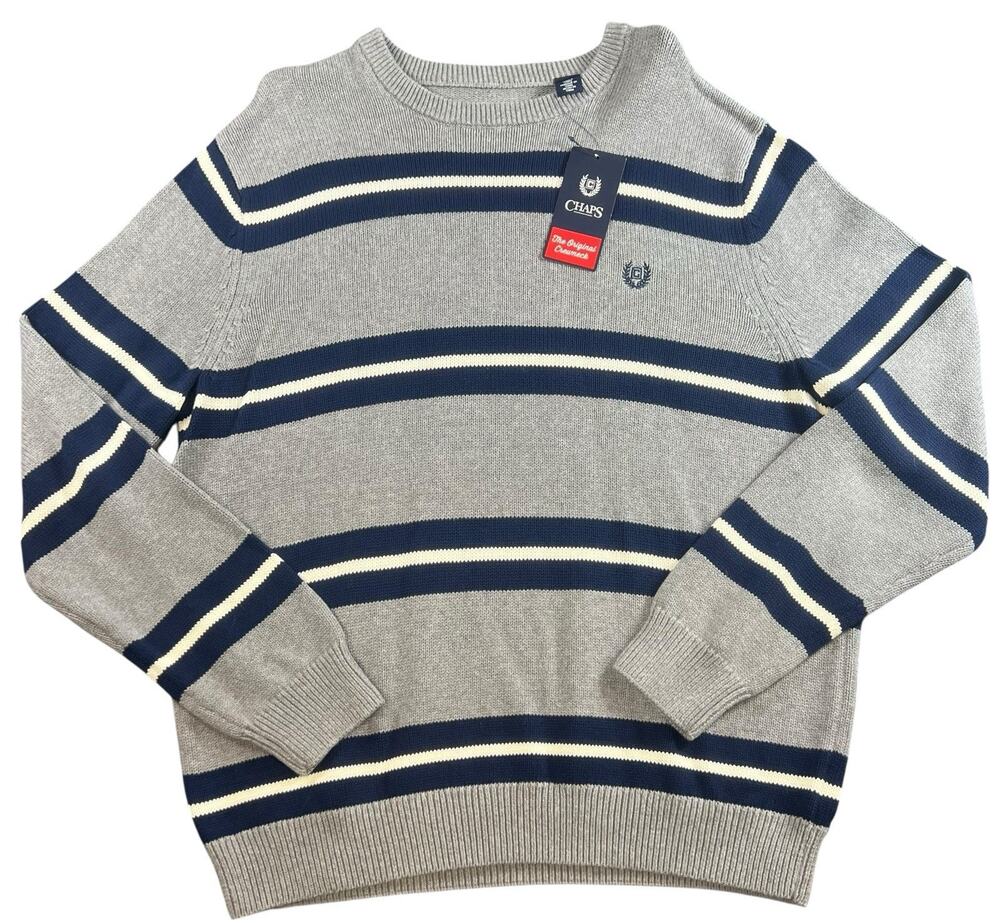 Chaps Mens XL Gray Navy Striped Crewneck Sweater NWT Classic Cotton